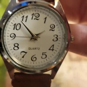 Classic Unbranded Quartz Wristwatch White Dial, Brown Faux Leather Band